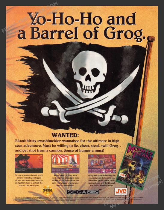 1993 Print Advertisement Monkey Island Sega Video Game Ad.