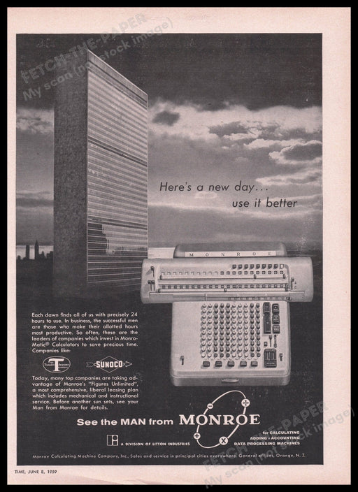 Monroe Calculating Machine Co. 1950s Print Advertisement Ad 1959 Fetch the Paper!