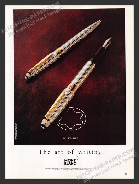 1990 Print Advertisement Mont Blanc Pens Solitaire Art of Writing Ad.