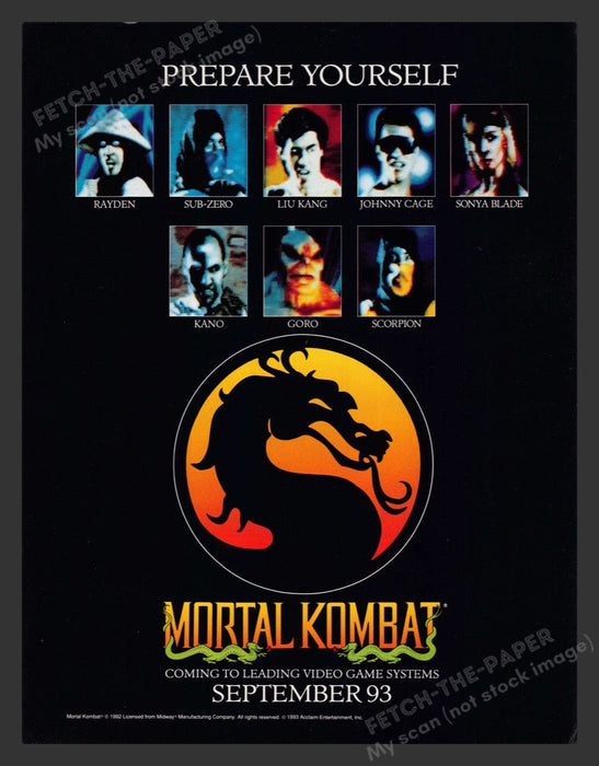 1993 Mortal Kombat "Prepare Yourself" Characters Video Game Print Advertisement