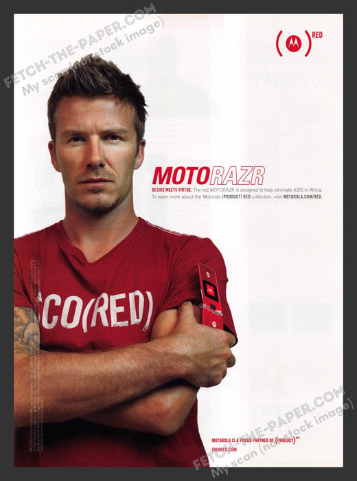 2007 Print Advertisement Moto Razr Cell Phone Red Cause David Beckham Athlete.