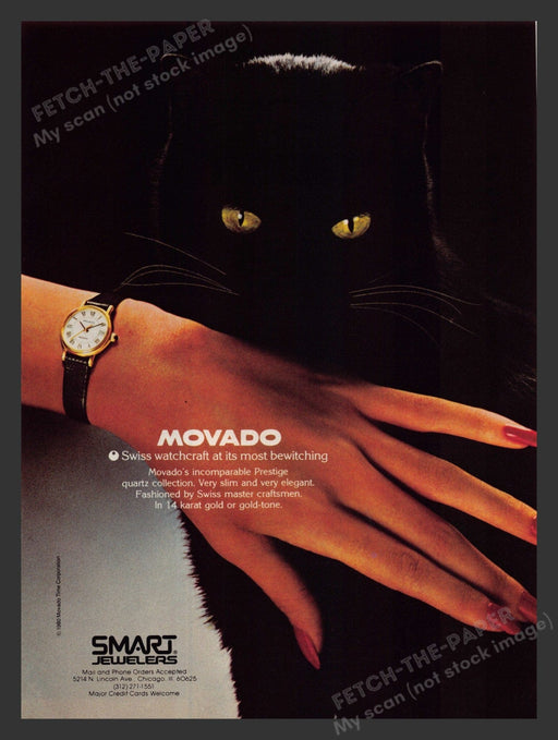 Movado Watch Black Cat 1980s Print Advertisement 1980 Fetch the Paper!