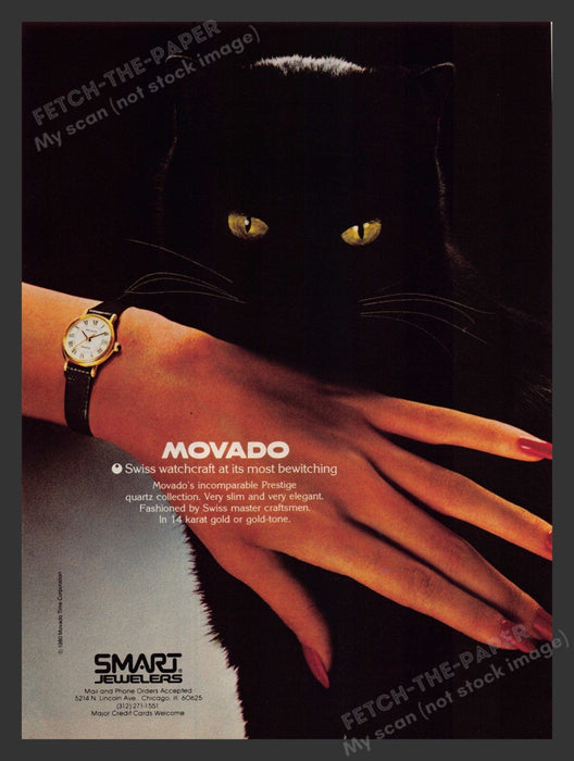 Movado Watch Black Cat 1980s Print Advertisement 1980 Fetch the Paper!