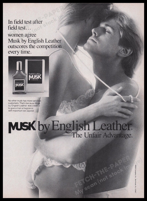 Musk English Leather 1980s Print Advertisement Ad 1986 Cologne Intimate Couple Fetch the Paper!