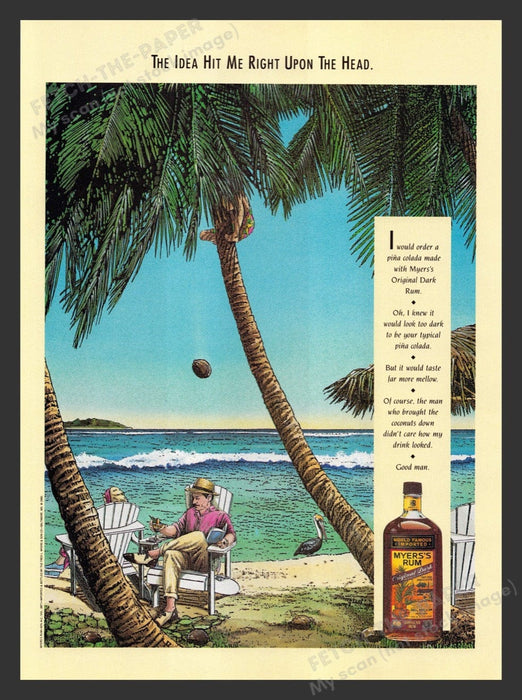 1990 Myer's Rum "The Idea Hit Me Right Upon the Head" Print Advertisement Ad