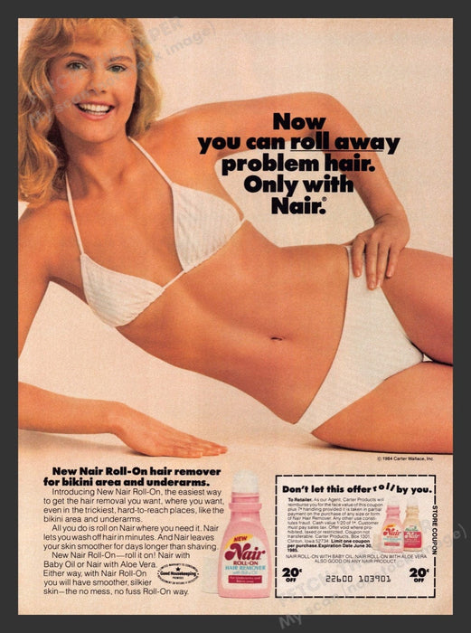 1984 Nair Roll-On Hair Remover Girl in Bikini Print Advertisement Ad