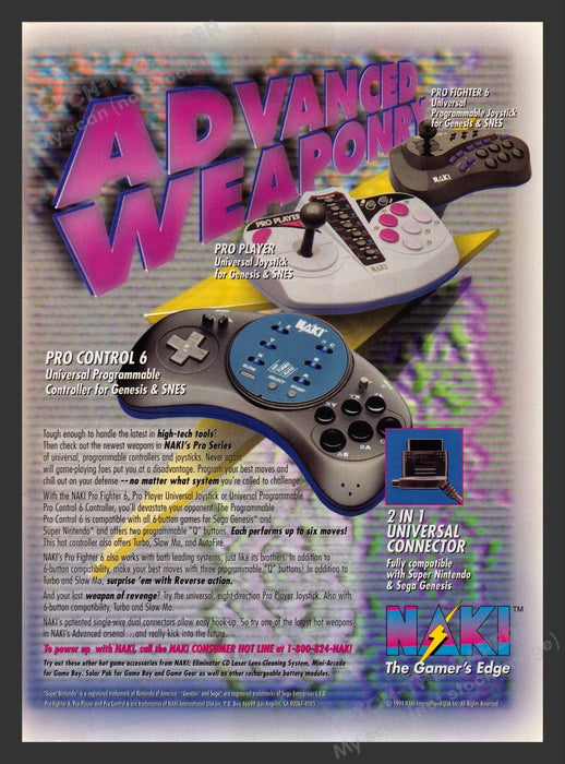 1994 Naki Pro Controllers for Nintendo & Sega Video Game Print Advertisement