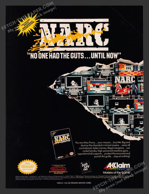 1990 Print Advertisement Narc Video Game Ad.