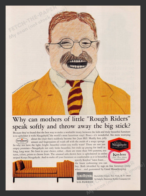 Naugahyde 1960s Print Advertisement 1964 Vinyl Fabric Teddy Rosevelt Drawing Fetch the Paper!