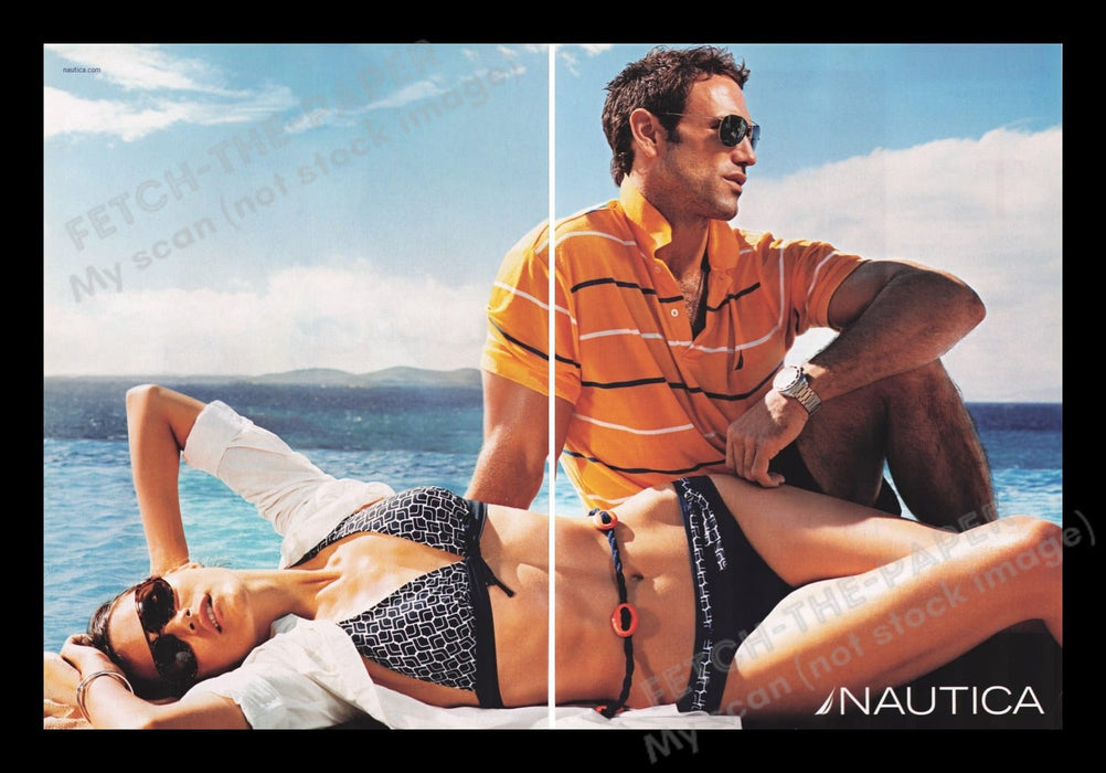 Nautica Clothing 2000s Print Advertisement (2 pages) 2008 Bikini Boat Couple Fetch the Paper!