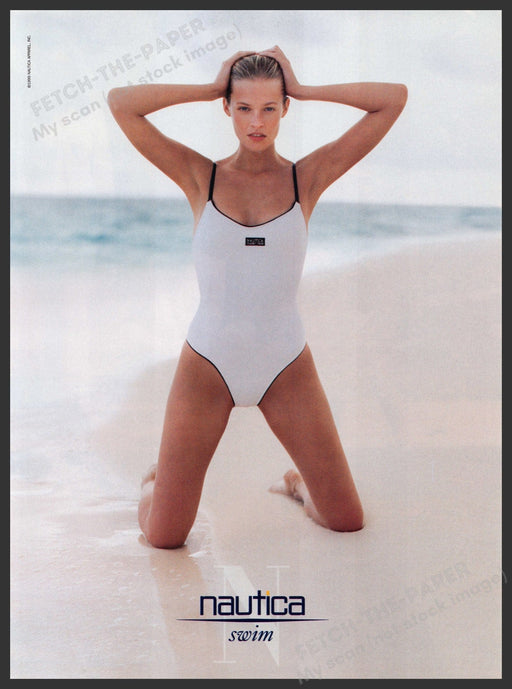 Nautica Swim Swimwear 1990s Print Advertisement Ad 1999 Model on Beach Sand Fetch the Paper!