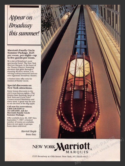 1987 New York Marriott Marquis Outside Elevator Print Advertisement Ad