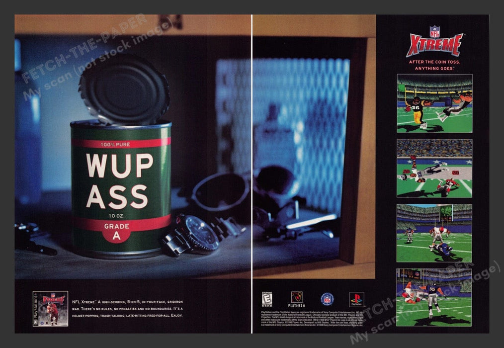 1998 NFL Xtreme "Can of Wup Ass" Video Game Print Advertisement (2 Pages)