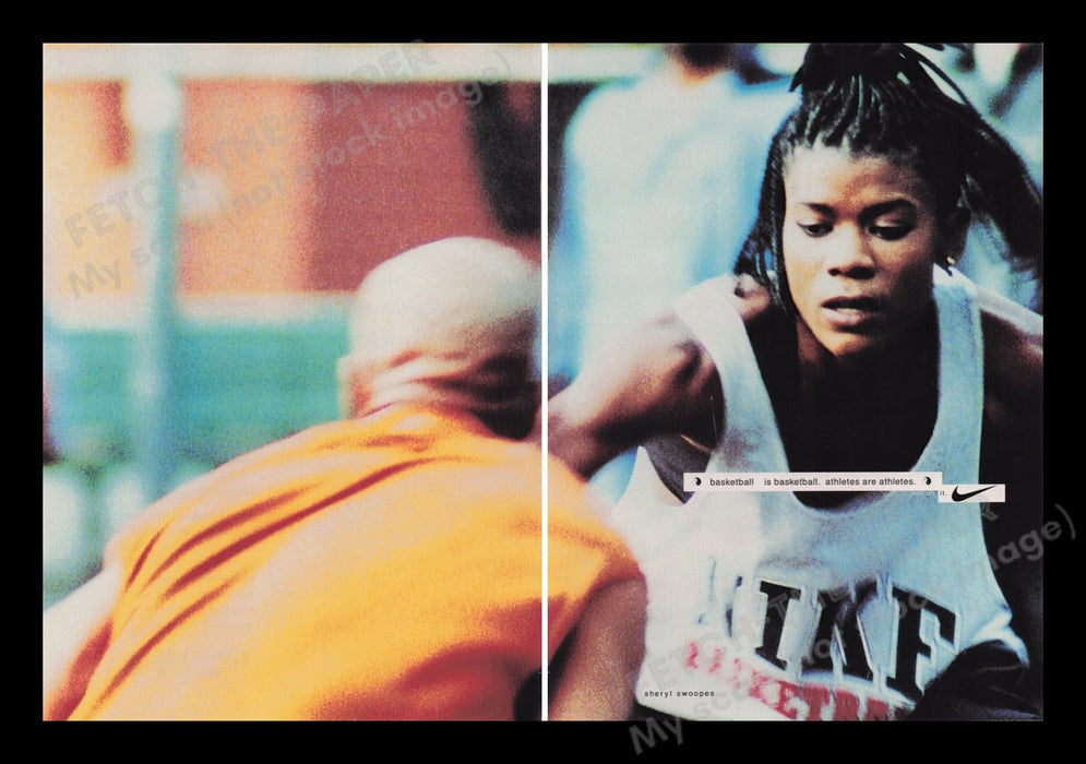Nike 1990s Print Advertisement Ad (2 pages) 1996 Sheryl Swoopes Basketball Fetch the Paper!