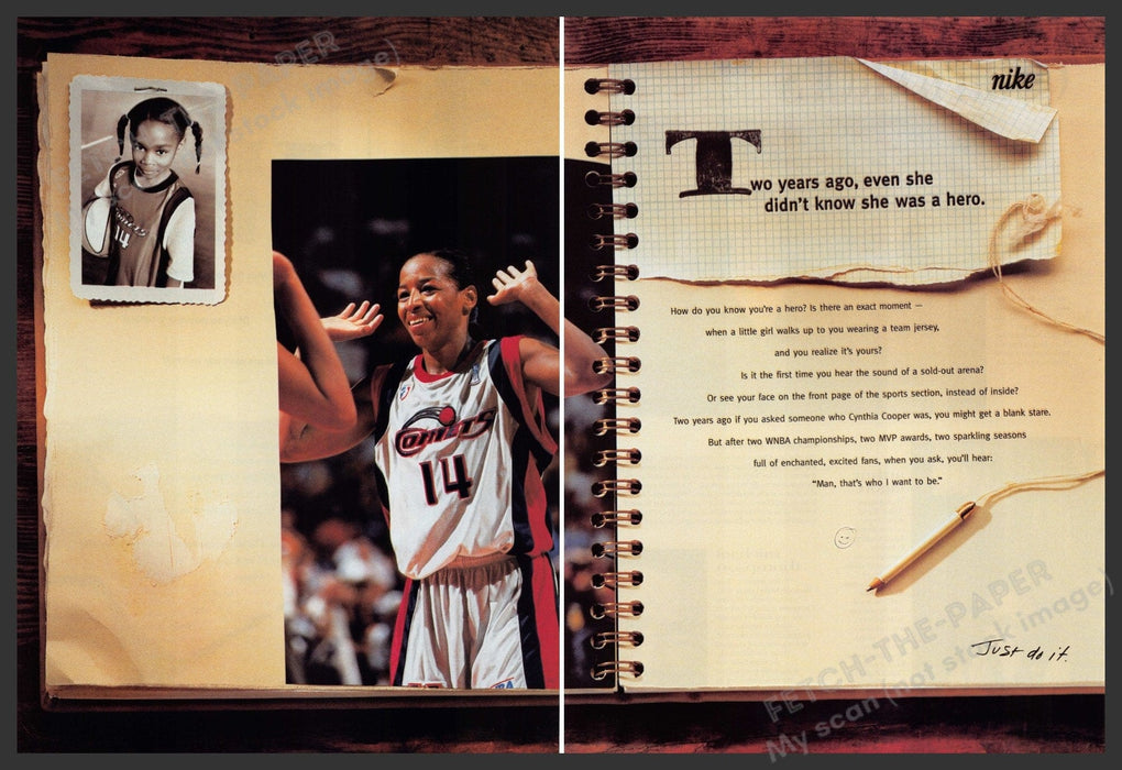 Nike Cynthia Cooper 1990s Print Advertisement (2 pages) 1999 WNBA Comets Fetch the Paper!