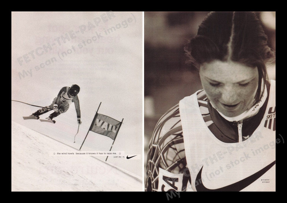 Nike Olympics Skiing 1990s Print Advertisement Ad (2 pages) 1996 Pecabo Street Fetch the Paper!