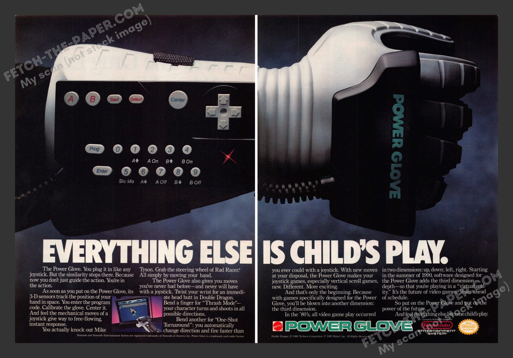 1990 Print Advertisement 2 Page Power Glove Nintendo Accessories Video Game Ad.