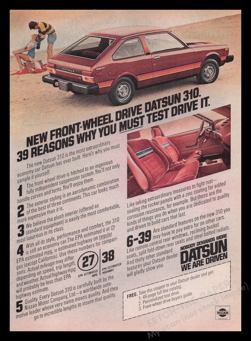 Nissan Datsun 310 1970s Print Advertisement Ad 1979 Car Beach Interior Fetch the Paper!