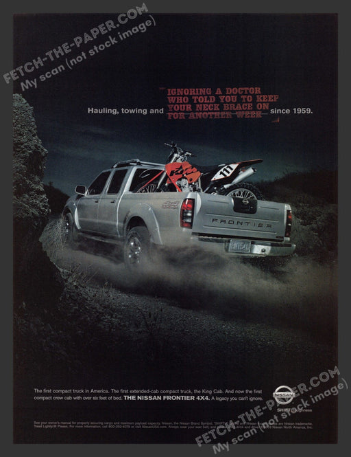 2003 Nissan Frontier 4x4 Truck Hauling Motor Bike Print Advertisement Ad.