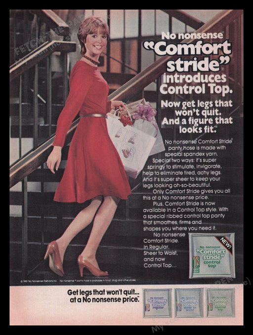 No Nonsense Pantyhose 1980s Print Advertisement Ad 1981 Legs Comfort Stride Fetch the Paper!