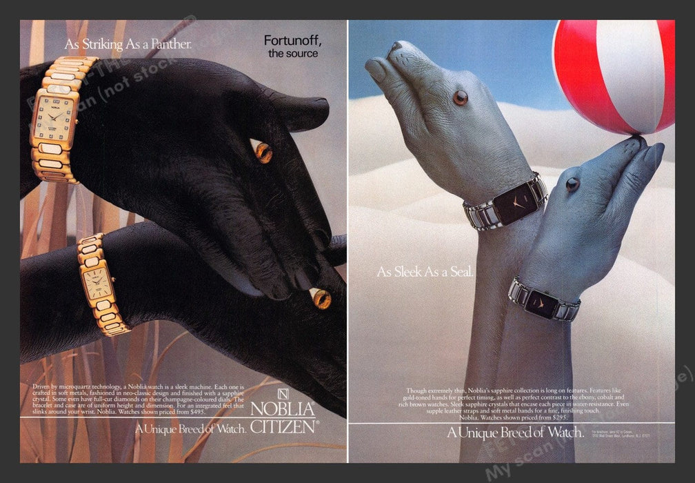 1987 Noblia Citizen Watch Panther & Seals Hands Print Advertisement Ad