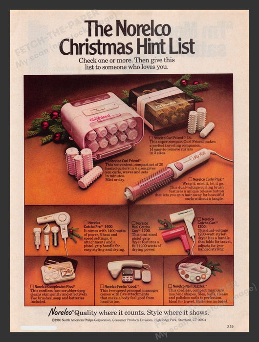 Norelco Christmas Hint List Hairstyling Products 1980s Print Advertisement 1980 Fetch the Paper!