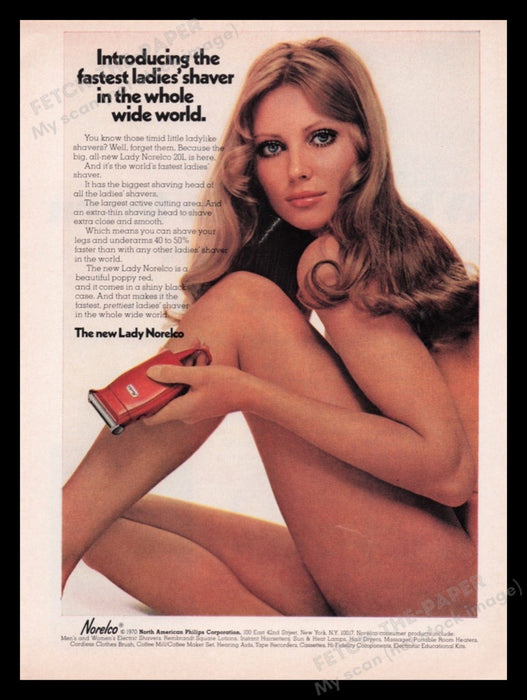 Norelco Lady Shaver 1970s Print Advertisement Ad 1970 Naked Skin Model Legs Fetch the Paper!