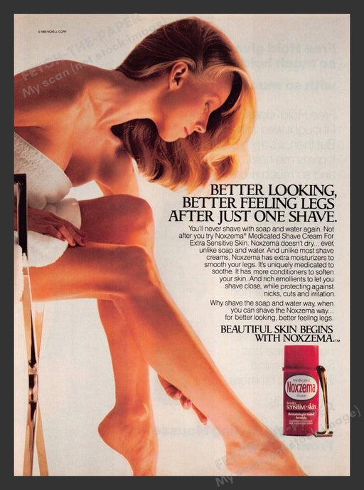 Noxzema Shave 1980s Print Advertisement Ad 1985 Sensitive Skin Sexy Girl Legs Fetch the Paper!