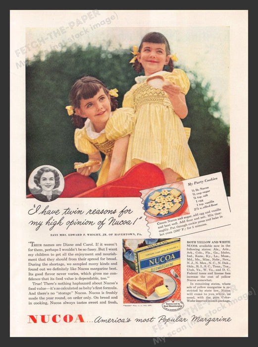 1948 Nucoa Oleomargarine Twins "My Party Cookies" Recipe Print Advertisement Ad