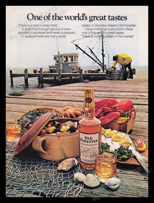 Old Forester Bourbon Whisky 1970s Print Advertisement Ad 1972 Fisherman Boat Fetch the Paper!