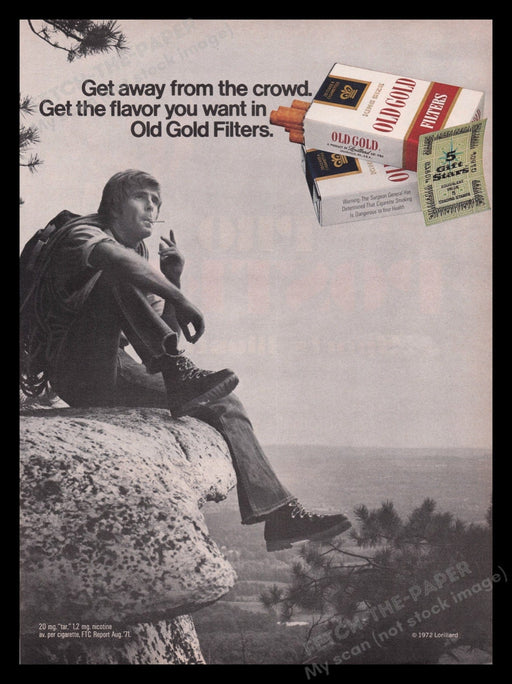 Old Gold Cigarettes 1970s Print Advertisement Ad 1972 Hiker Rock Mountain Top Fetch the Paper!
