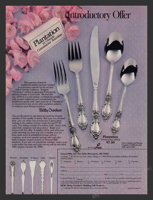 Oneida 1980s Print Advertisement 1983 Plantation Pattern Flatware Betty Crocker Fetch the Paper!