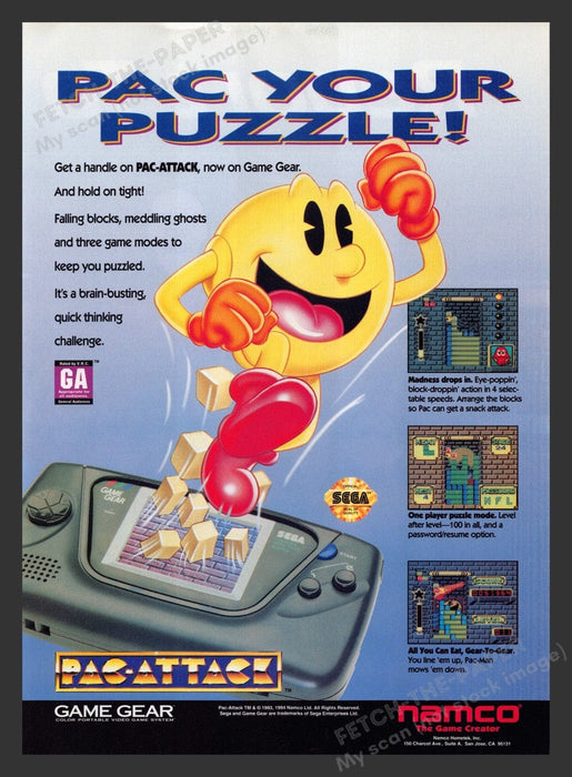 1994 Pac-Attack on Game Gear Video Game Print Advertisement