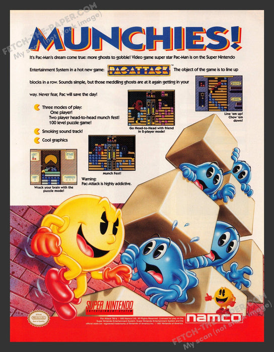 Pac-Attack Pac-Man 1990s Print Advertisement Video Game Ad 1993 Fetch the Paper!