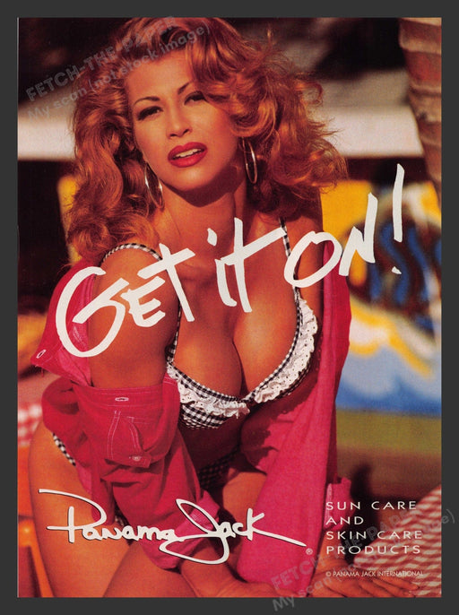 Panama Jack 1990s Print Advertisement 1993 Red Head Busty Model Sun Care Fetch the Paper!