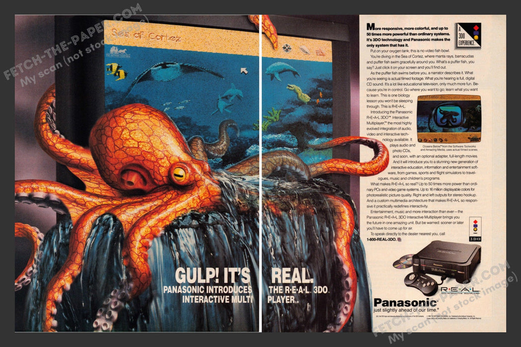 1994 Print Advertisement 2 Page Panasonic R.E.A.L. 3DO Octopus Video Game Ad.