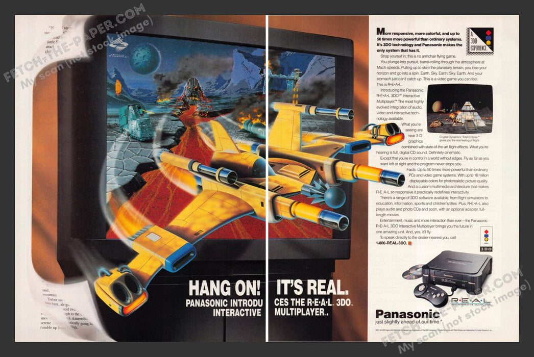 1993 Print Advertisement 2 Page Panasonic R.E.A.L. Console Flying Video Game Ad.