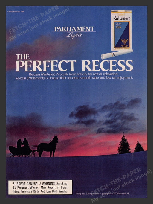 1986 Parliament Lights Cigarettes Winter Sunset Sleigh Print Advertisement Ad
