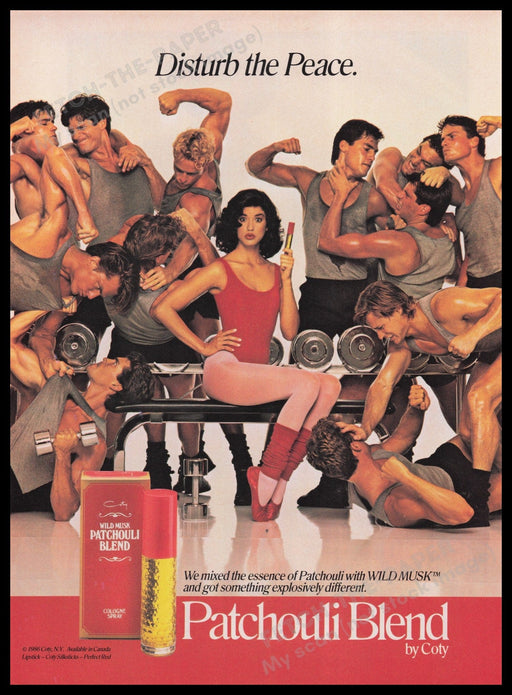 Patchouli Blend By Coty 1980s Print Advertisement Ad 1986 Men in the Gym Muscles Fetch the Paper!