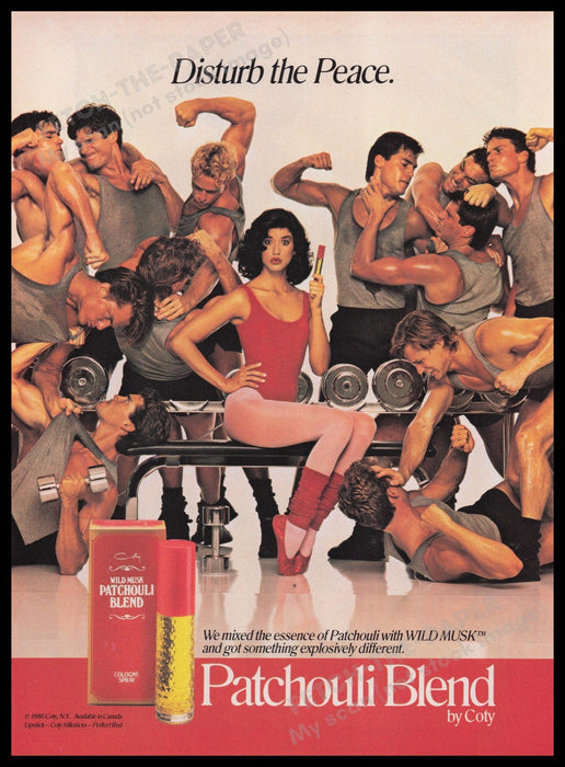 Patchouli Blend By Coty 1980s Print Advertisement Ad 1986 Men in the Gym Muscles Fetch the Paper!