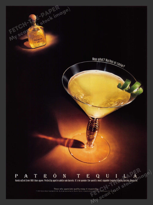 Patron Tequila 1990s Print Advertisement 1995 Spotlight Glass Bottle Promo Fetch the Paper!