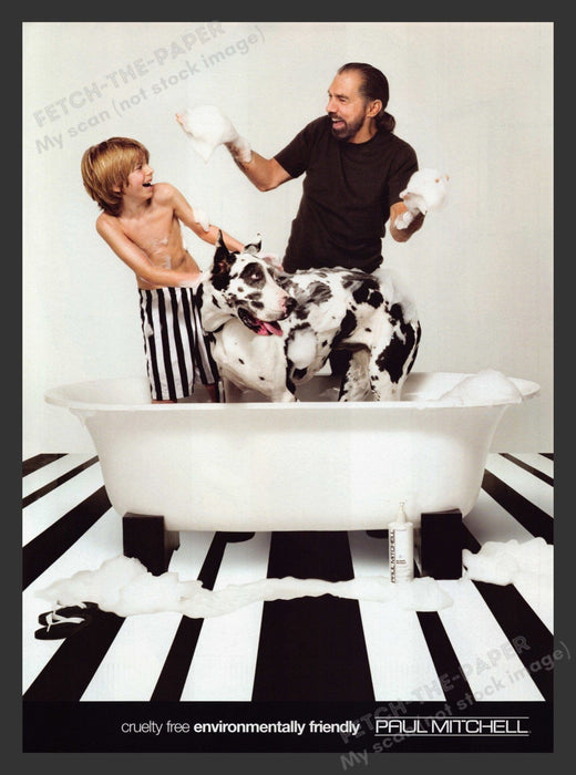 Paul Mitchell 2000s Print Advertisement Harlequin Great Dane Dog Bath Fetch the Paper!