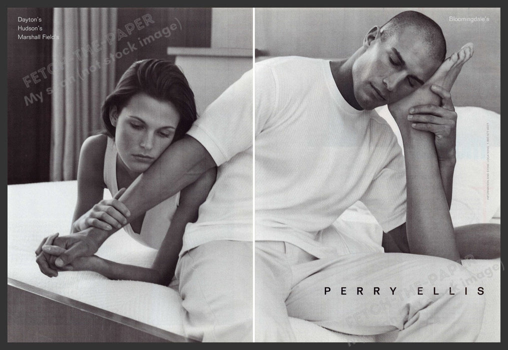 Perry Ellis Clothing 1990s Print Advertisement (2 pages) 1999 Feet Couple Bed Fetch the Paper!