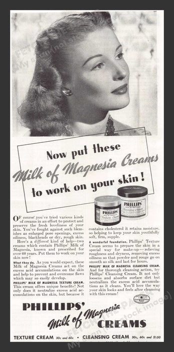 1940 Phillips' Milk of Magnesia Creams Skin Print Advertisement Ad
