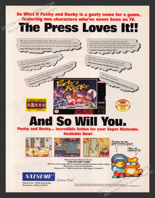 1993 Print Advertisement Pocky & Rocky Video Game Ad.