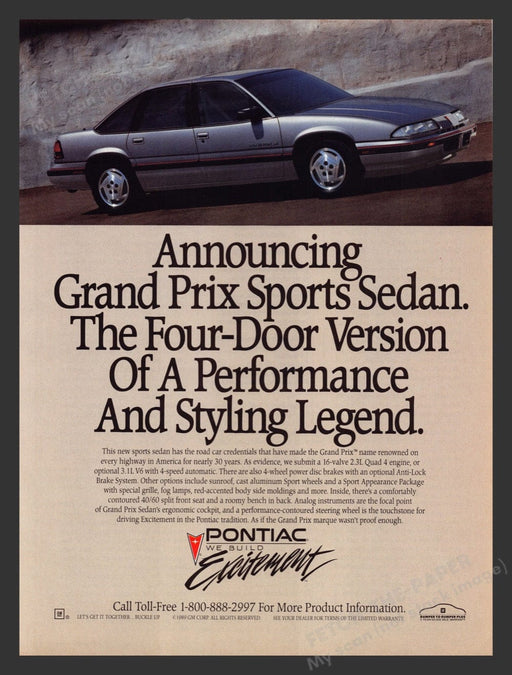 1989 Pontiac Grand Prix Sports Sedan Silver Print Advertisement Ad