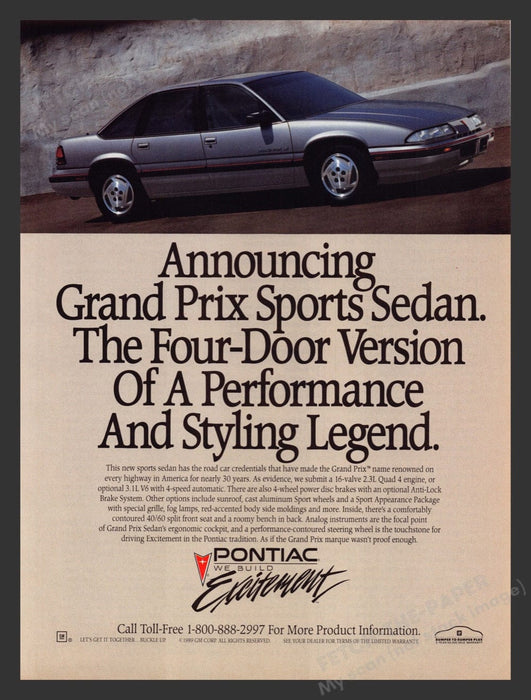 1989 Pontiac Grand Prix Sports Sedan Silver Print Advertisement Ad