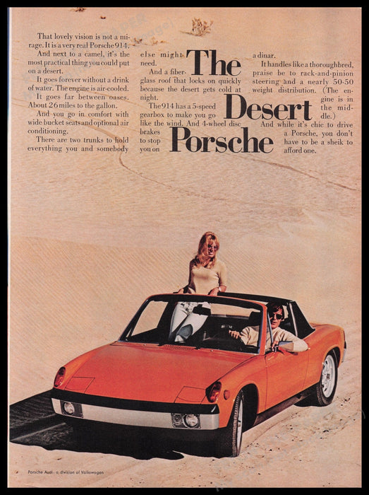 Porsche 914 Car 1970s Print Advertisement Ad 1972 Desert Couple Sand Fetch the Paper!