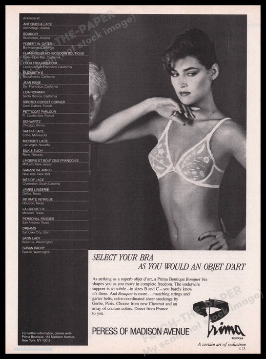 Prima Boutique Lingerie 1980s Print Advertisement Ad 1983 Lacy Bra Sexy Model Fetch the Paper!