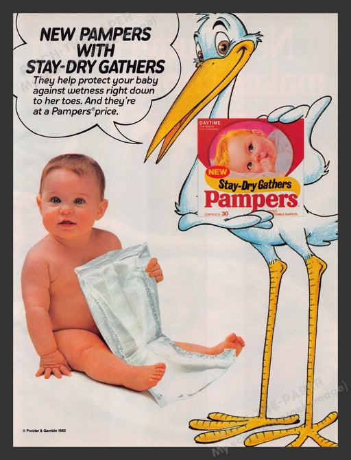 Proctor & Gamble 1980s Print Advertisement 1982 Pampers Diapers Stork Baby Fetch the Paper!